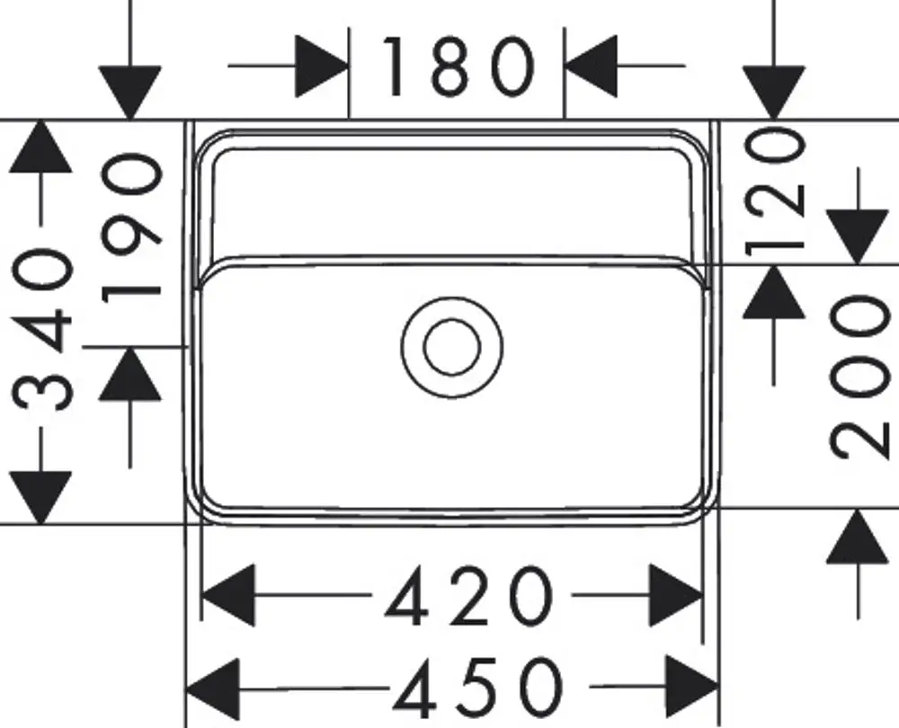 Weißes Handwaschbecken mit rechteckiger Form, ohne Hahnloch und Überlauf, montiert auf einer Fläche. Maße sind im Bild angegeben. Von der Marke Hansgrohe.